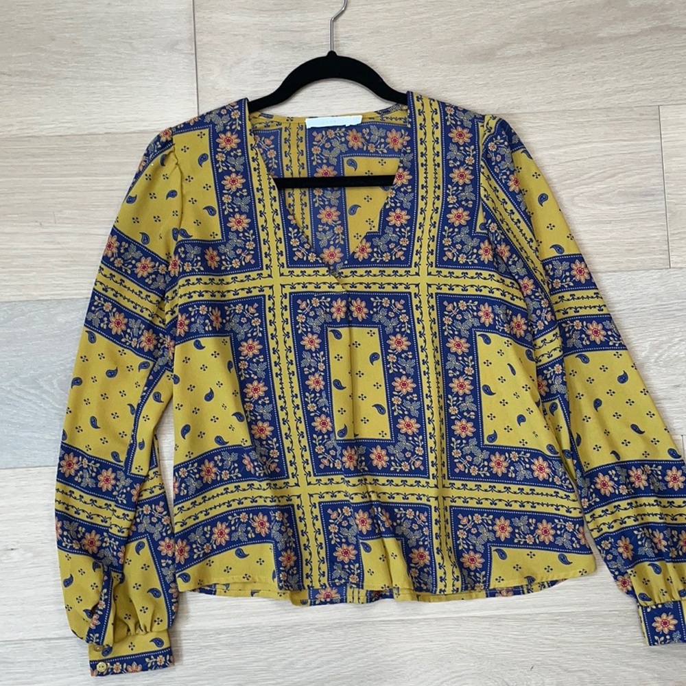 Blouse Yellow & Blue Floral & Paisley+Sz S - Picture 4 of 8